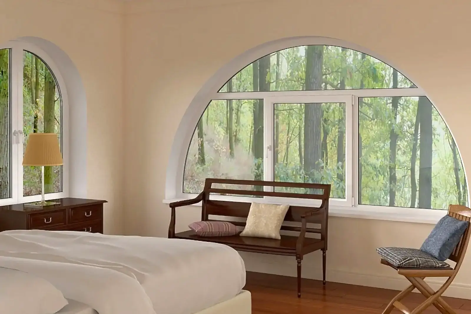 Арочное пластиковое окно на даче